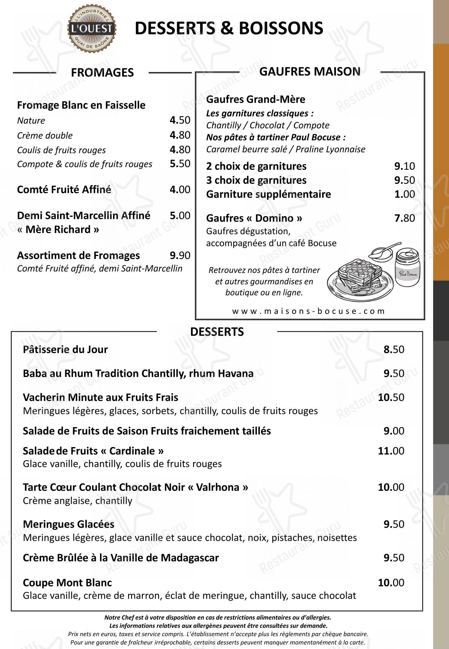 Lunch Menu pour Brasserie L'Ouest - Bocuse dans Lyon