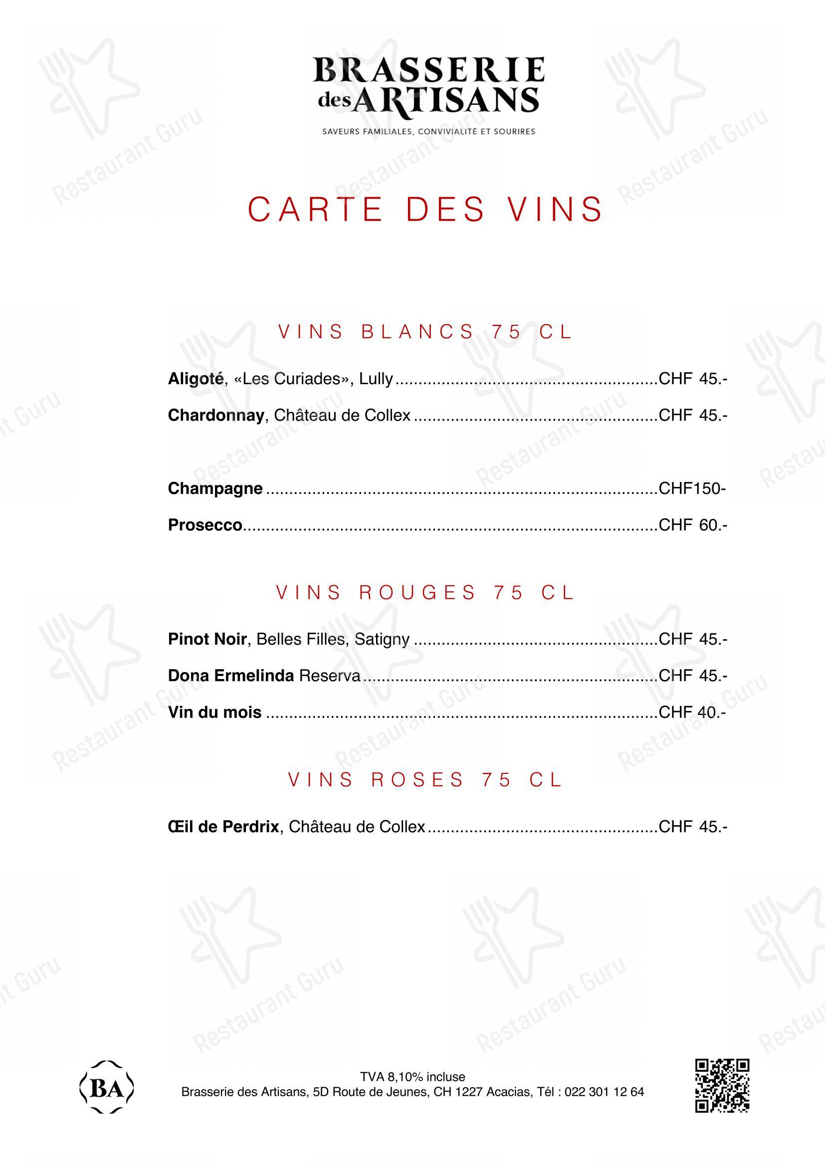 Menu per Brasserie des Artisans in Ginevra