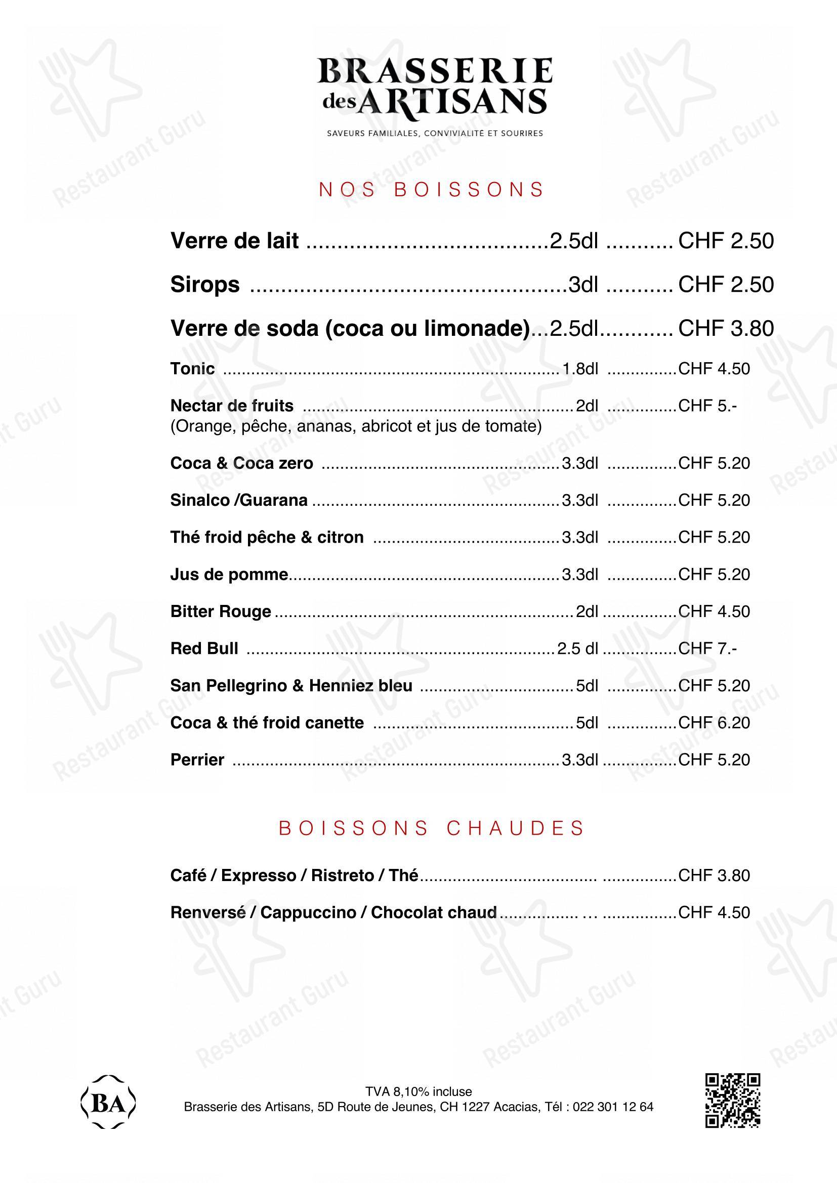Menu per Brasserie des Artisans in Ginevra