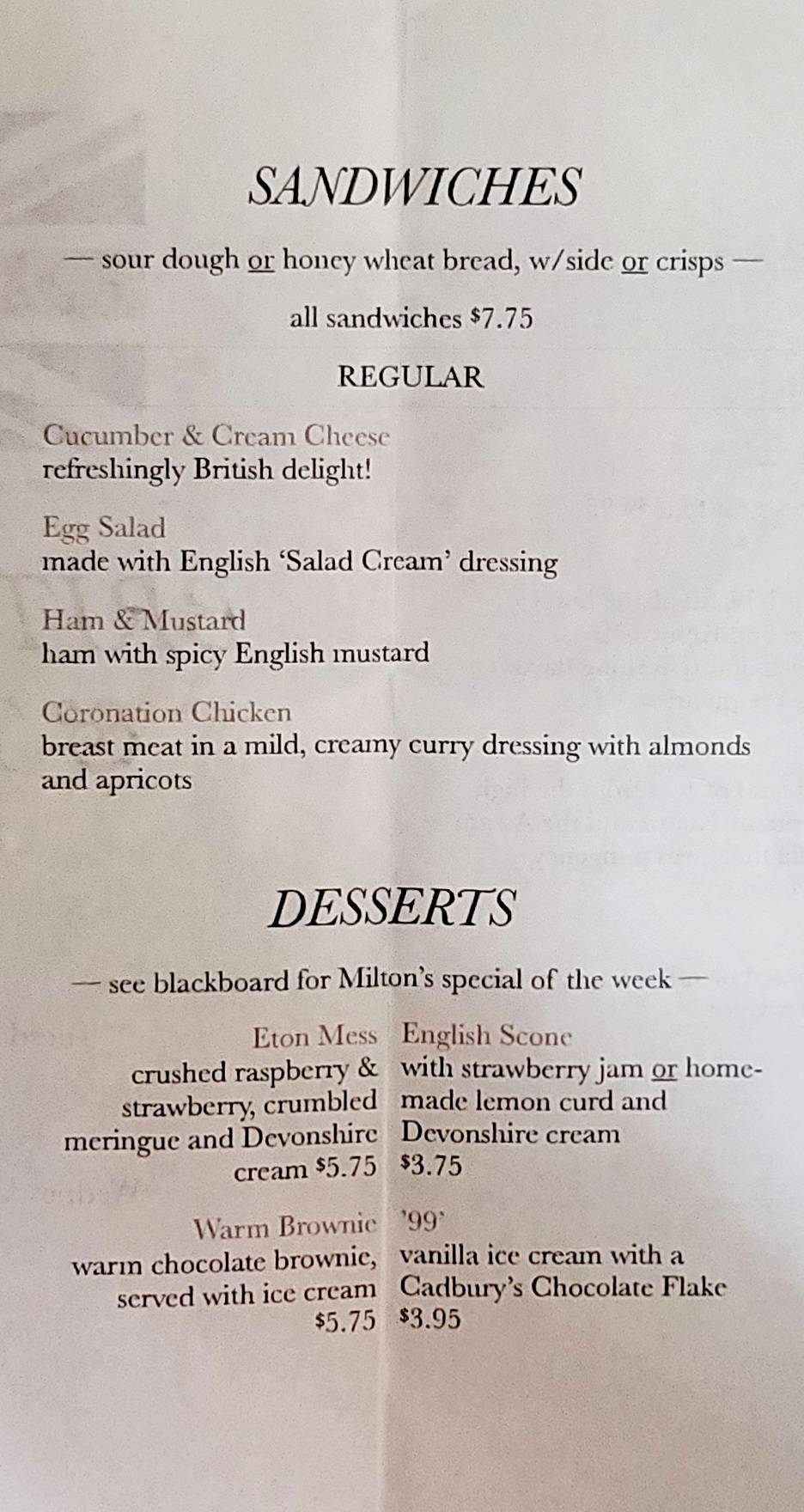 Menu at British Pantry & Tea Room restaurant, Centerville