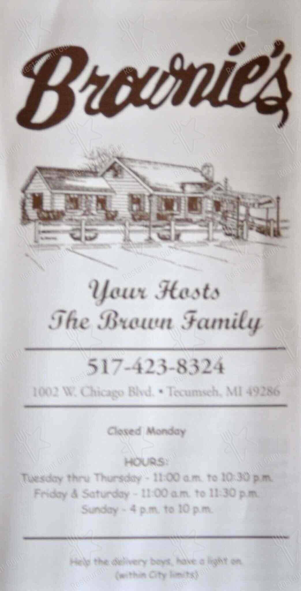 Menu at Brownie's House of Pizza pizzeria, Tecumseh