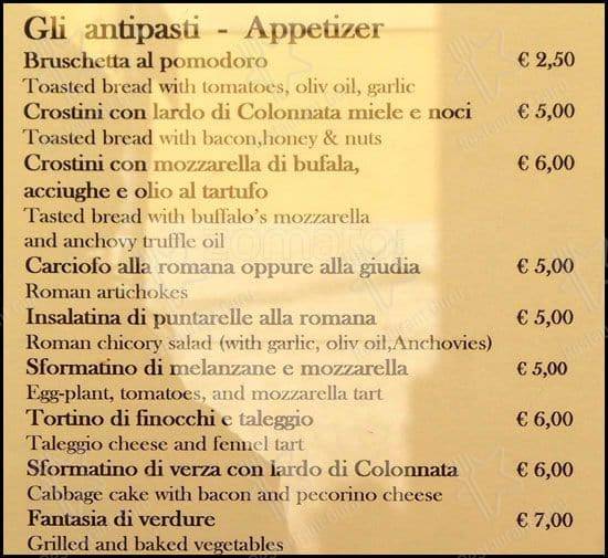 Menu di Ristorante Bruno Alla Lungaretta 