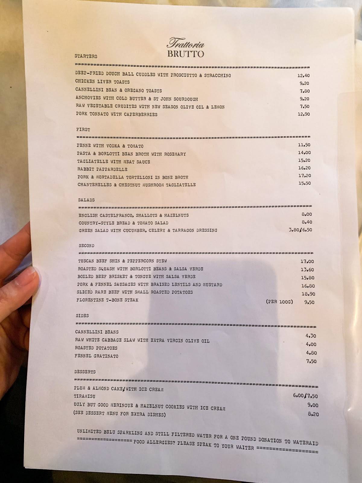Menu at Brutto restaurant, London