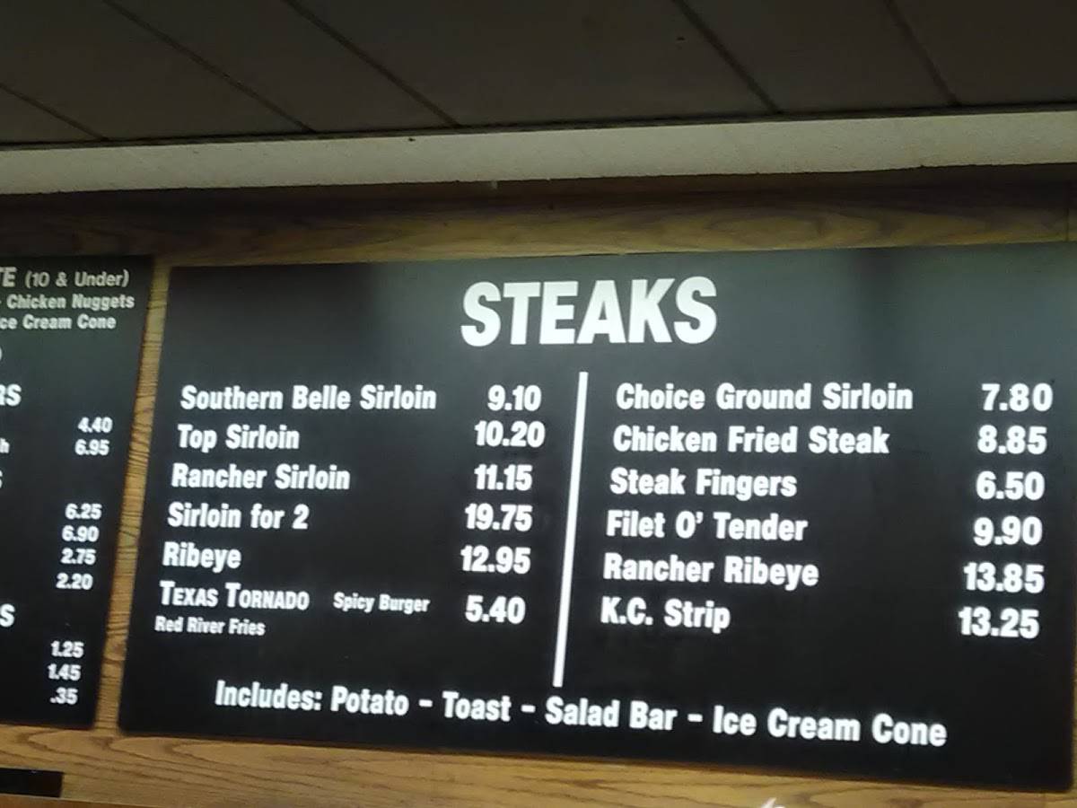 Menu at Bryan's Steaks steakhouse, Lubbock