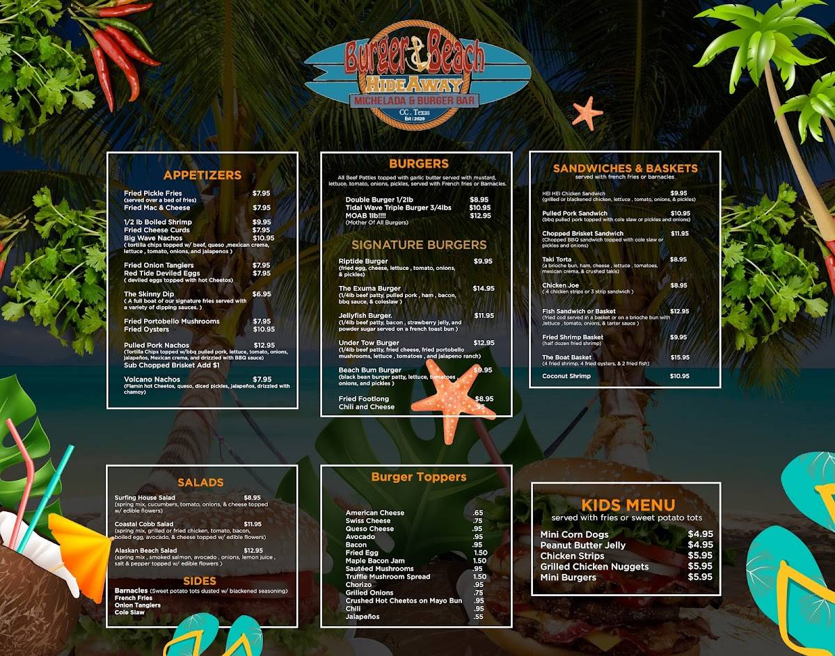Menu at Burger Beach HideAway restaurant, Corpus Christi