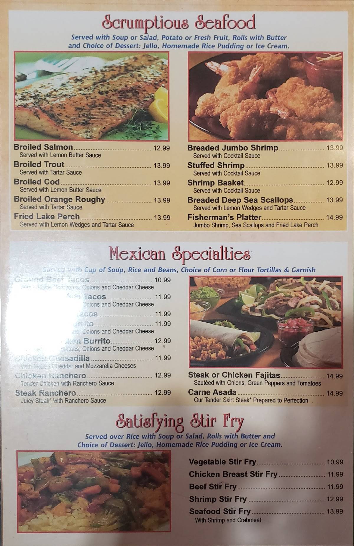 Menu at Busy Bee restaurant, Wonder Lake