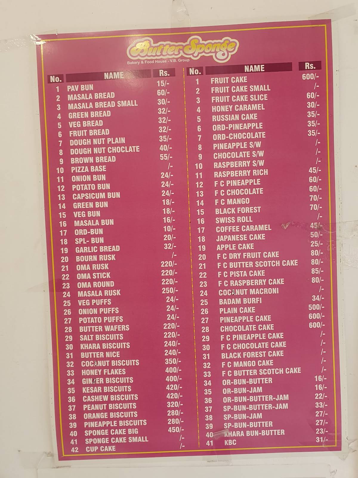 Butter Sponge Original (An Unit of VB Group) menu