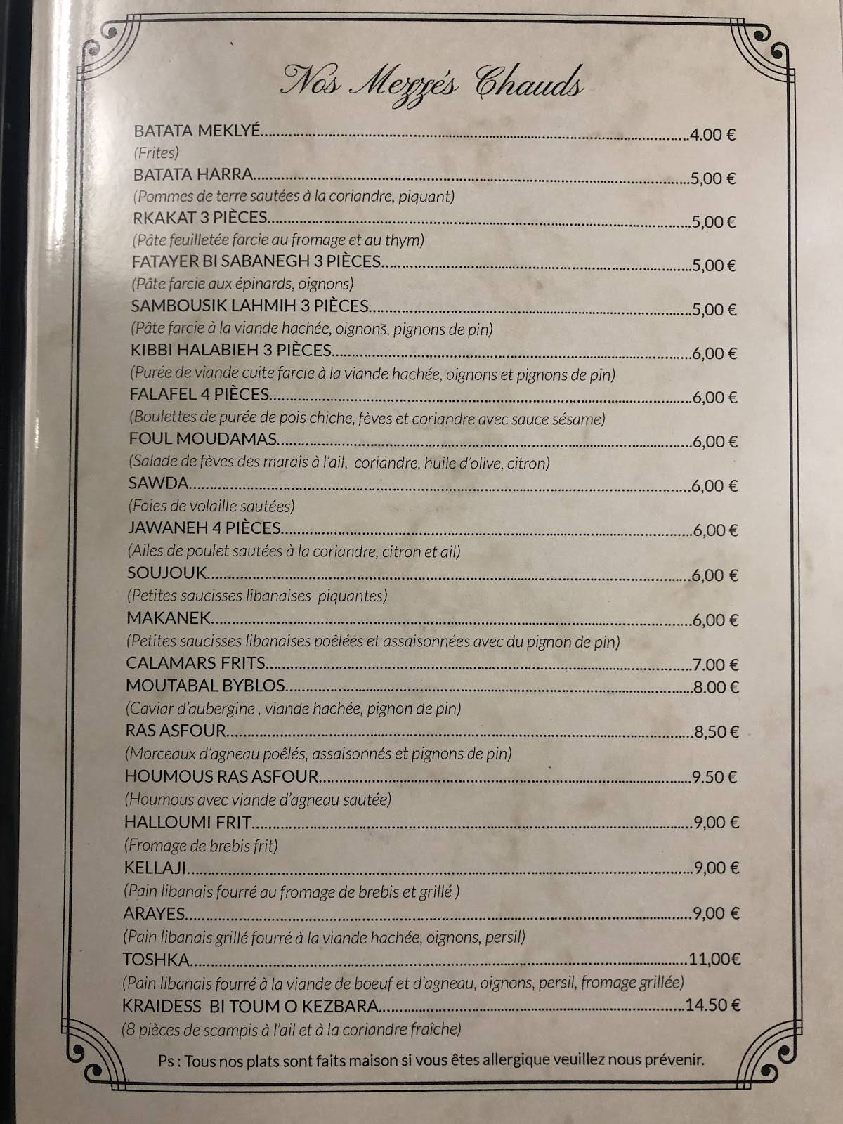 Menu de Byblos Restaurant Cuisine Libanaise