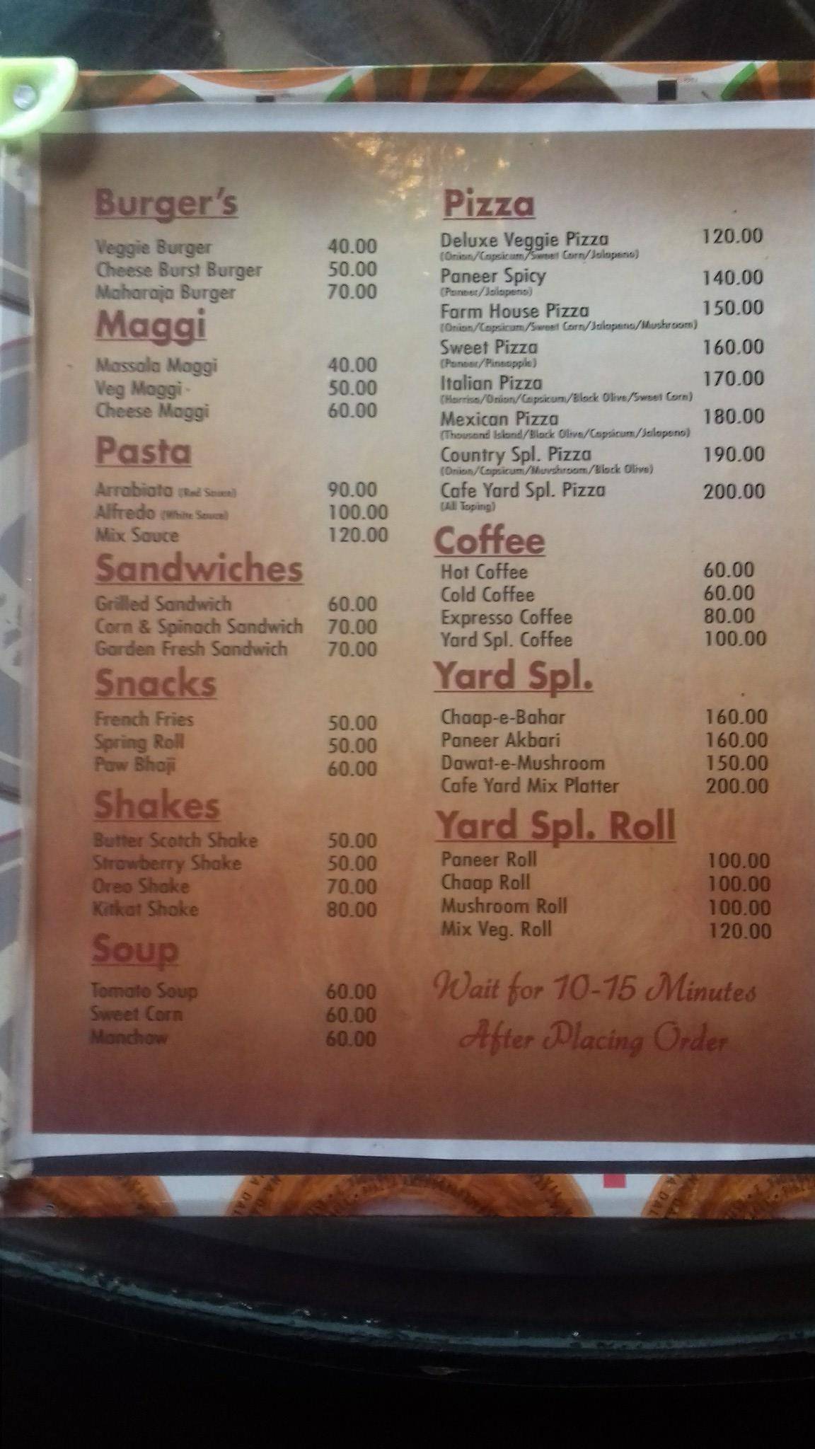 Cafe Yard menu