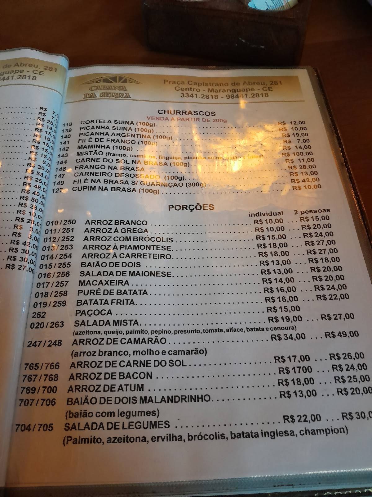 Cabana da Serra cardápio