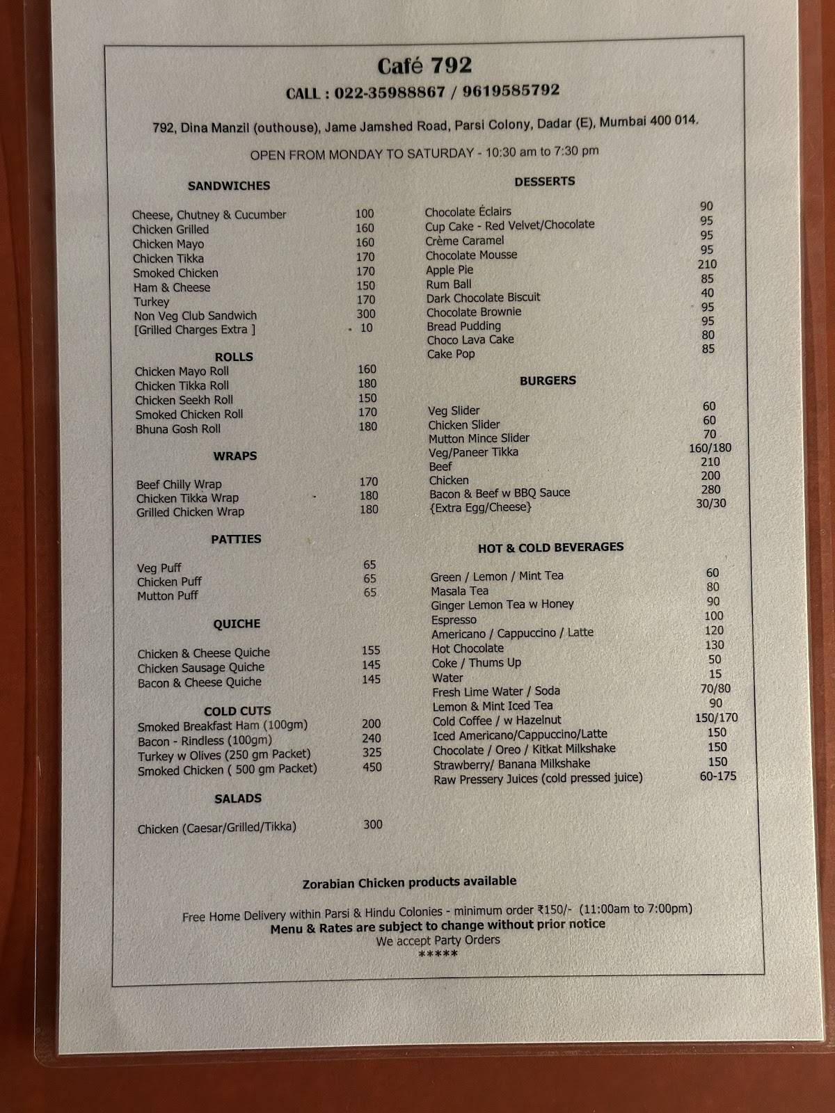 Café 792 menu