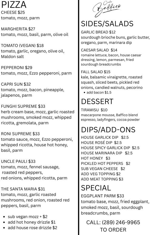Menu de Cafe Baffico - Sourdough Doughnuts + Pizza