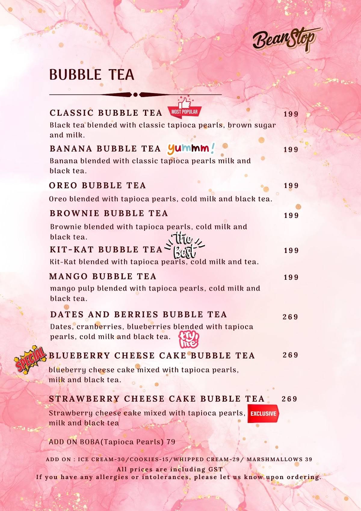 Bean Stop menu