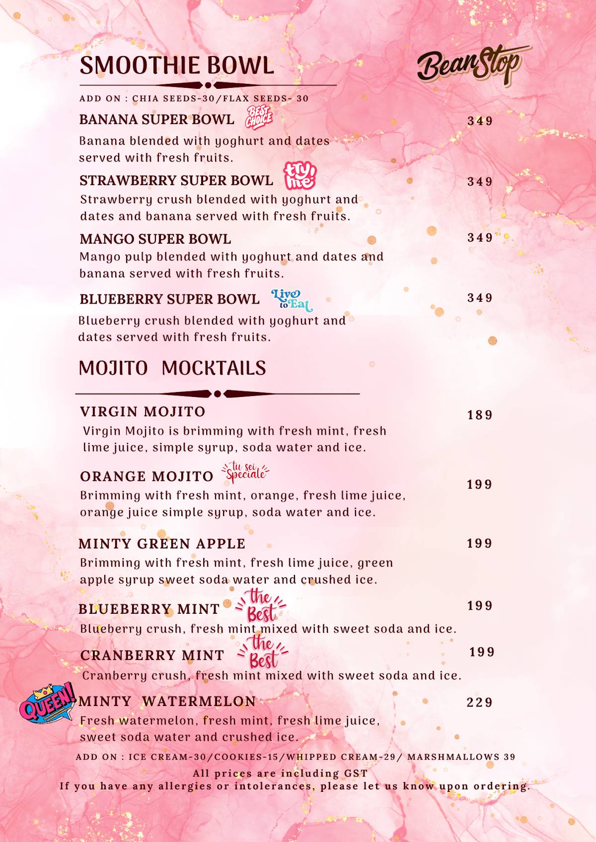 Bean Stop menu