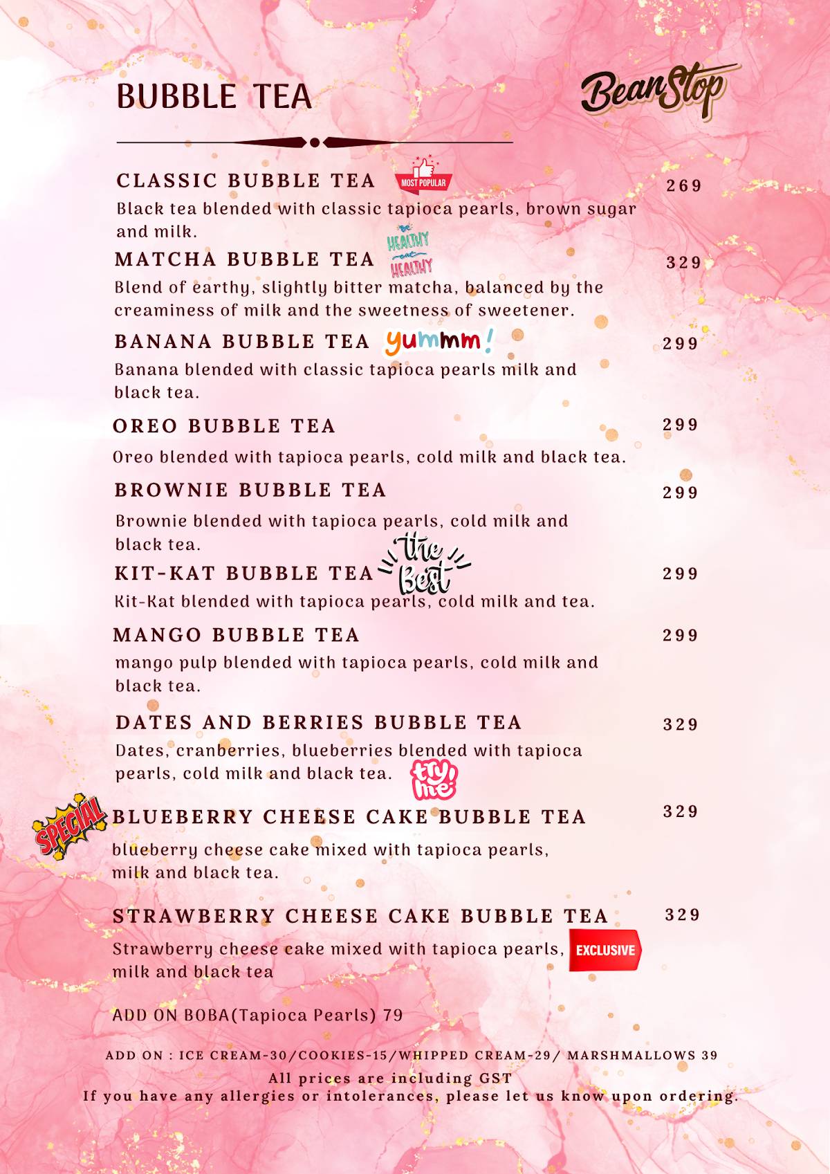 Bean Stop menu