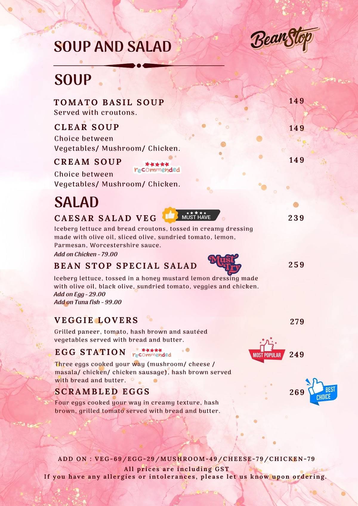Bean Stop menu