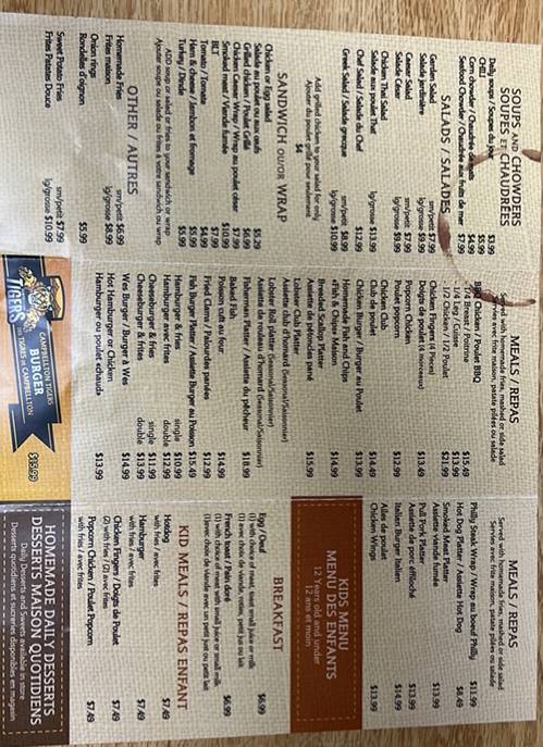 Menu au Cafe Chez Wes, Campbellton