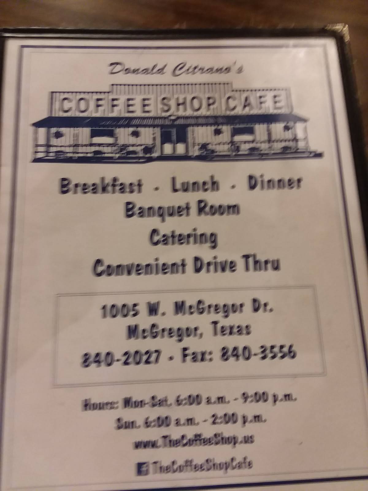 Menu at Coffee Shop Cafe, McGregor