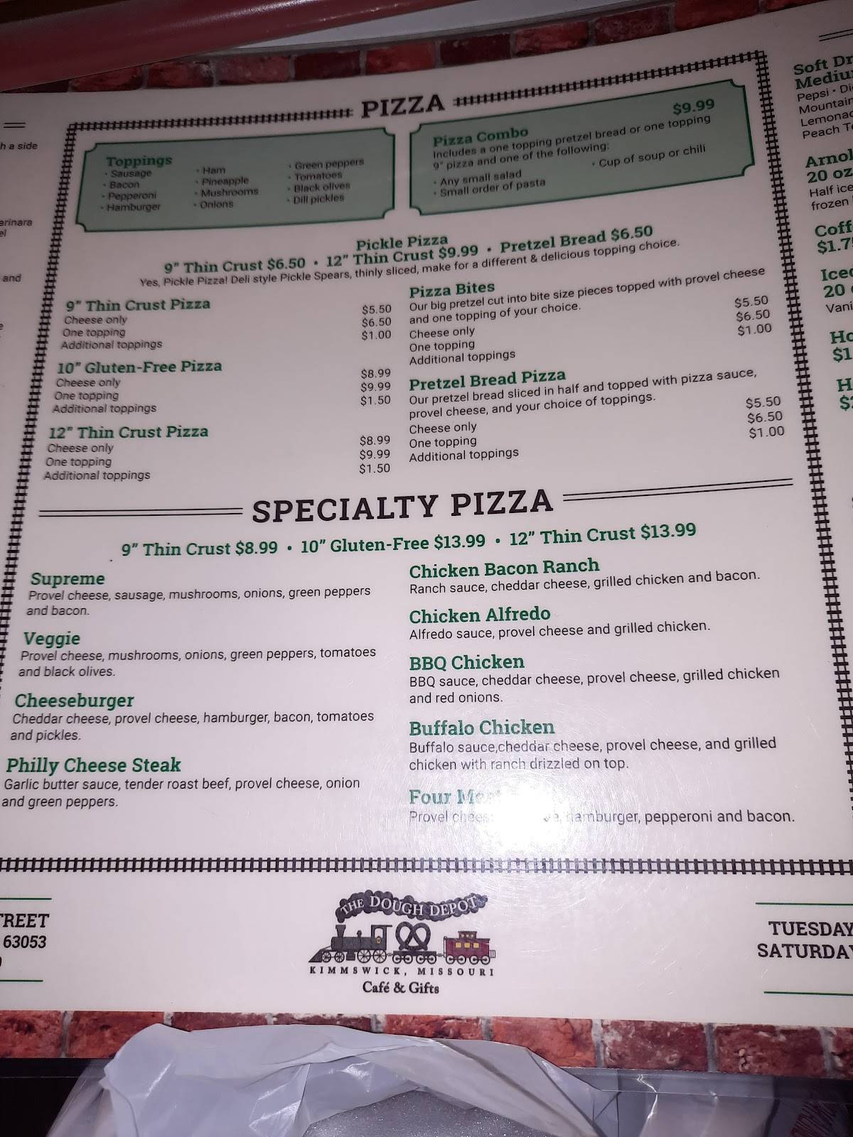 Menu at Dough Depot cafe, Kimmswick