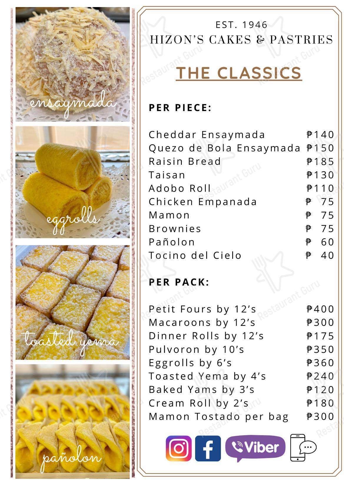 Menu at Hizon's Cakes and Pastries cafe, Manila, J Bocobo