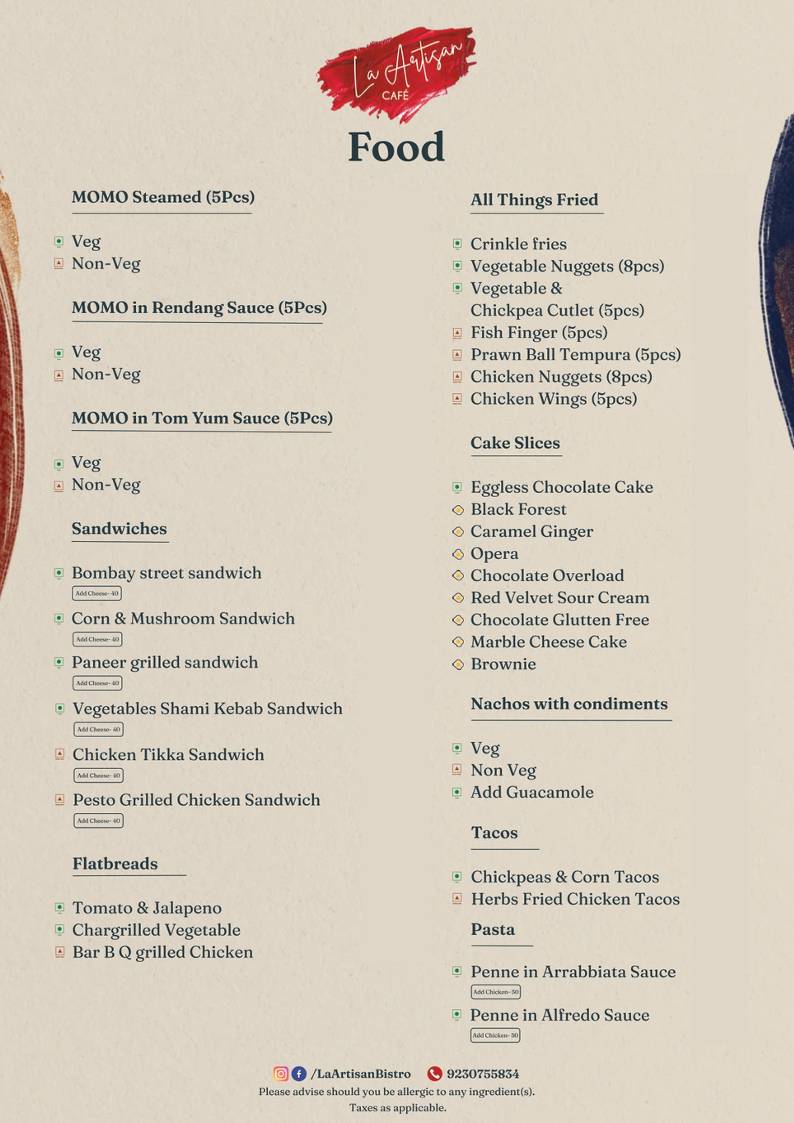 La Artisan Cafe menu