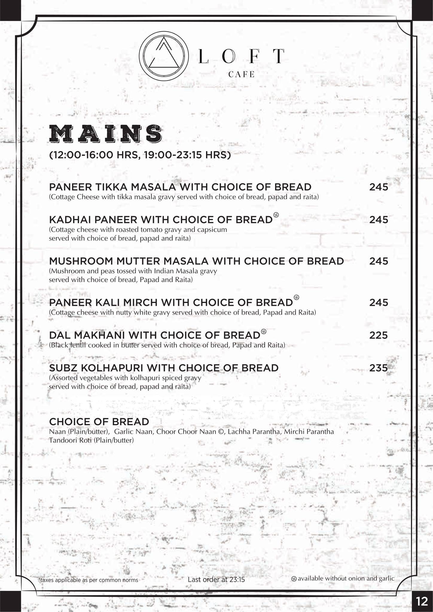 Loft Cafe & Restro menu