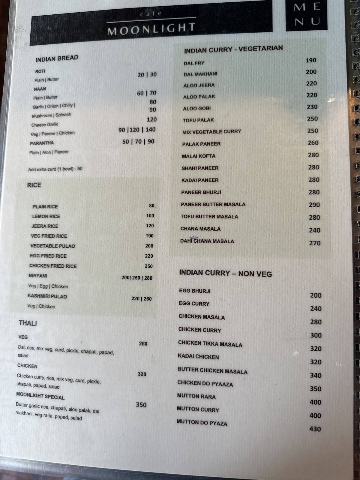 Moonlight Cafe menu