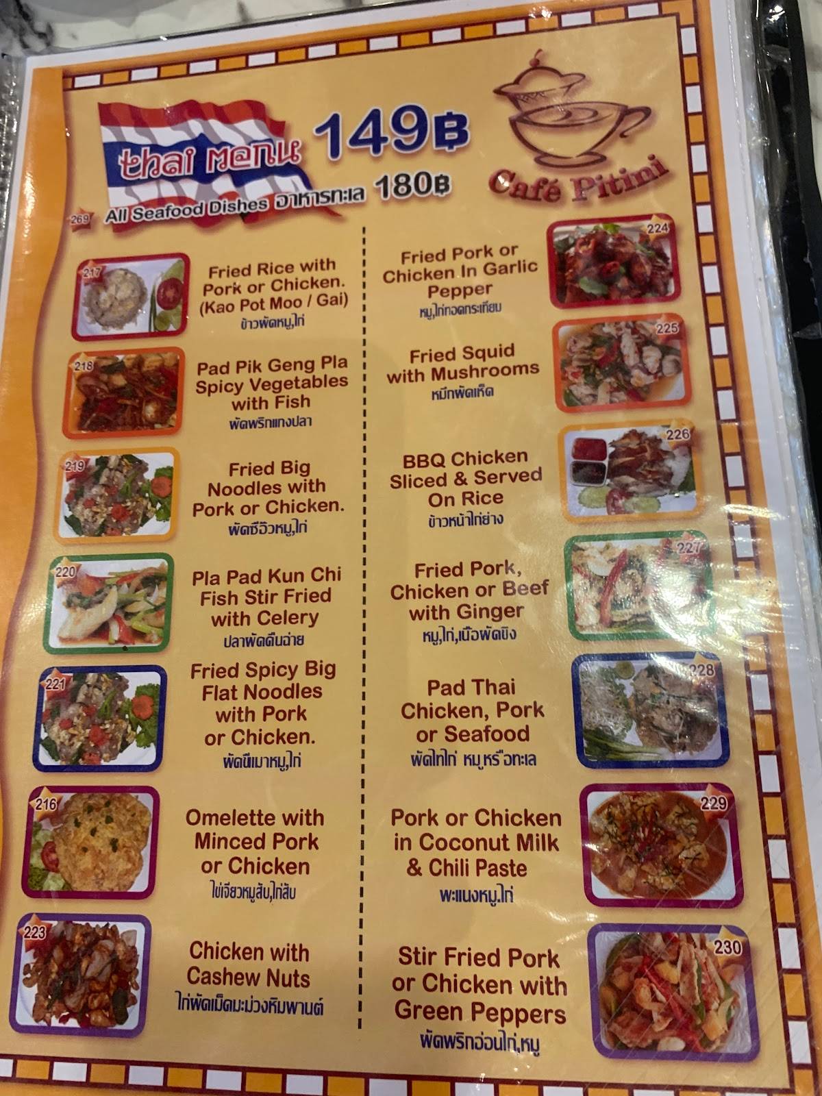 Menu at Cafe Pitini, Pattaya City