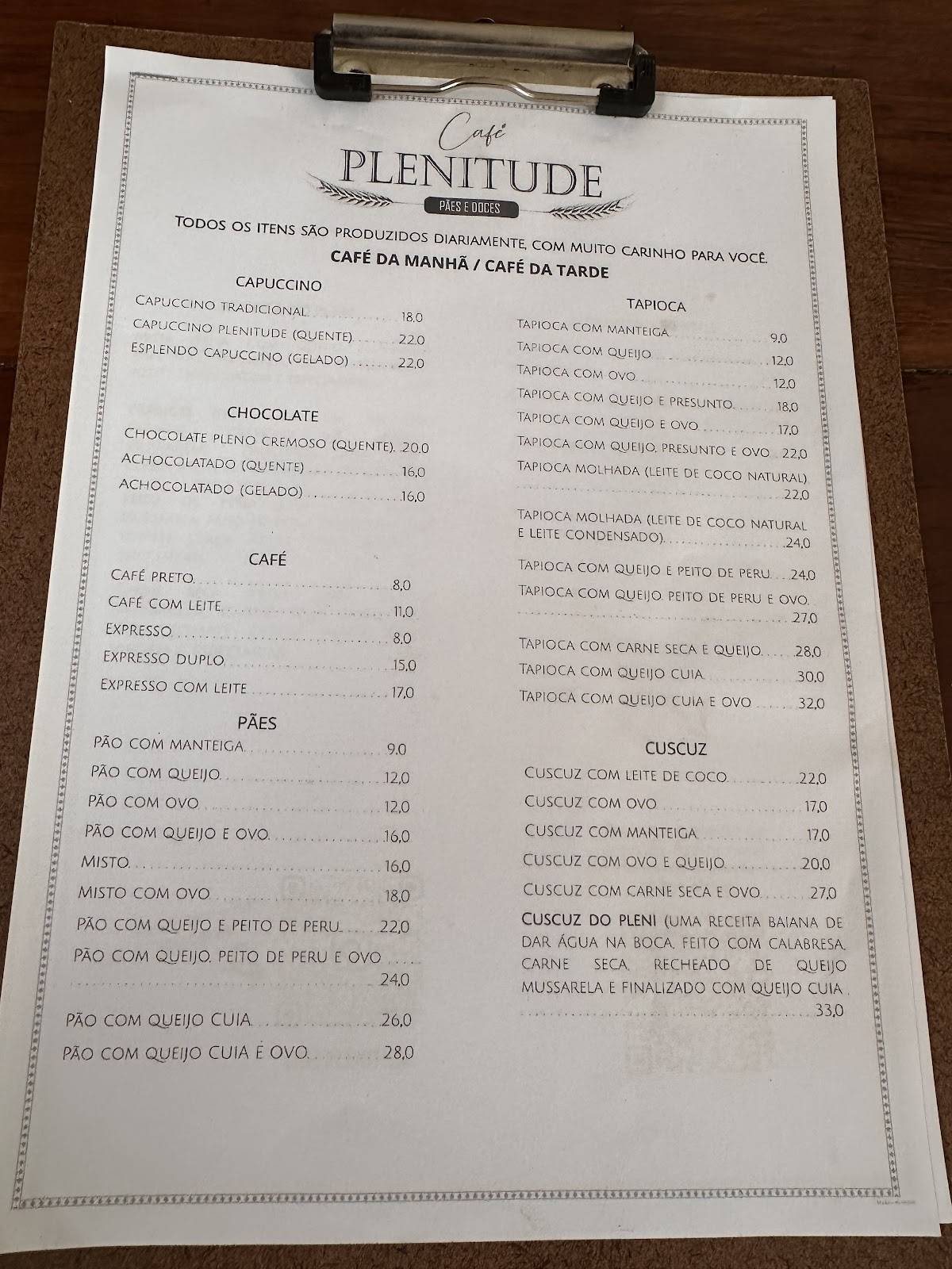 Café Plenitude - Tamandaré cardápio