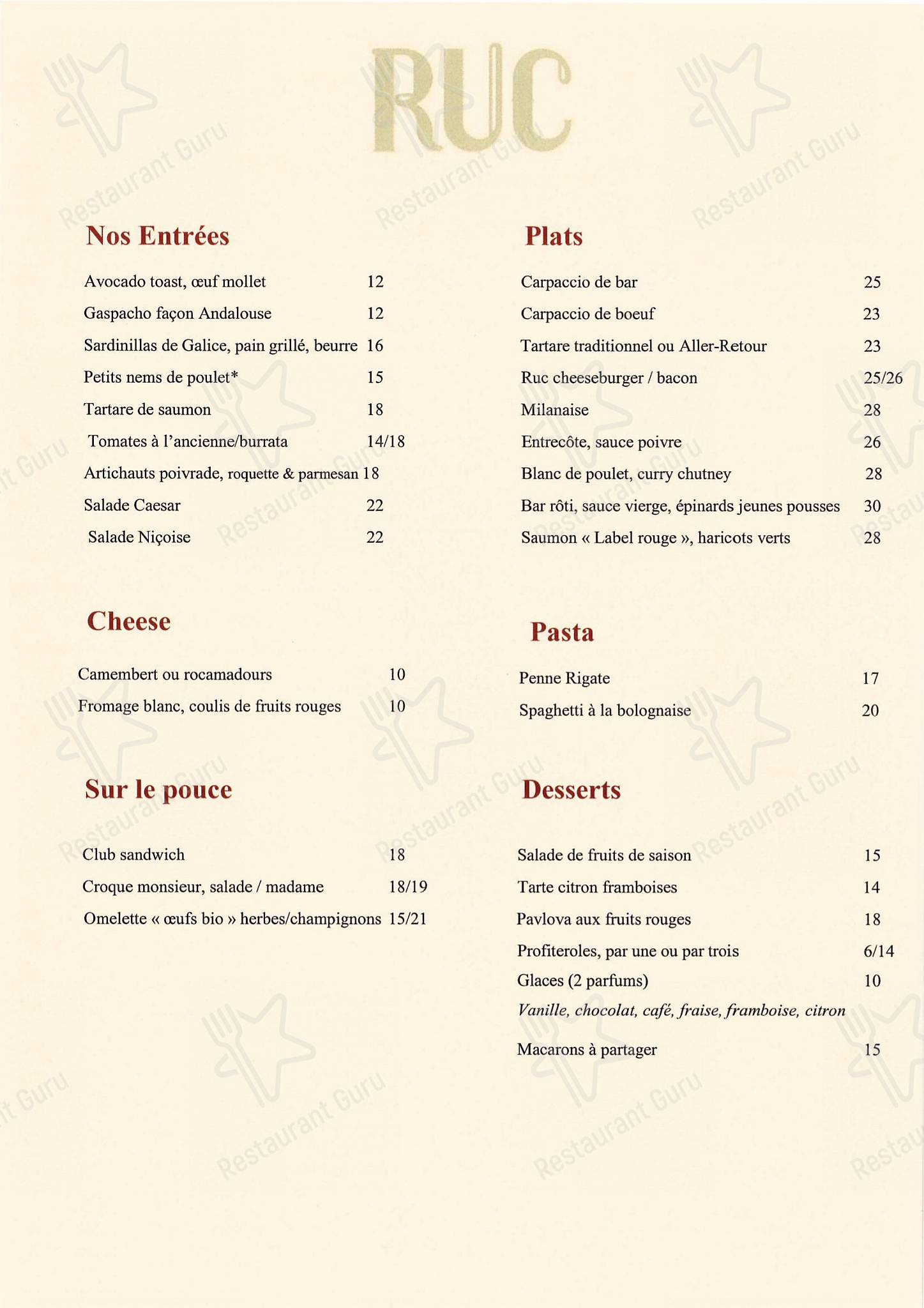 Dinner Menu pour Café Ruc restaurant