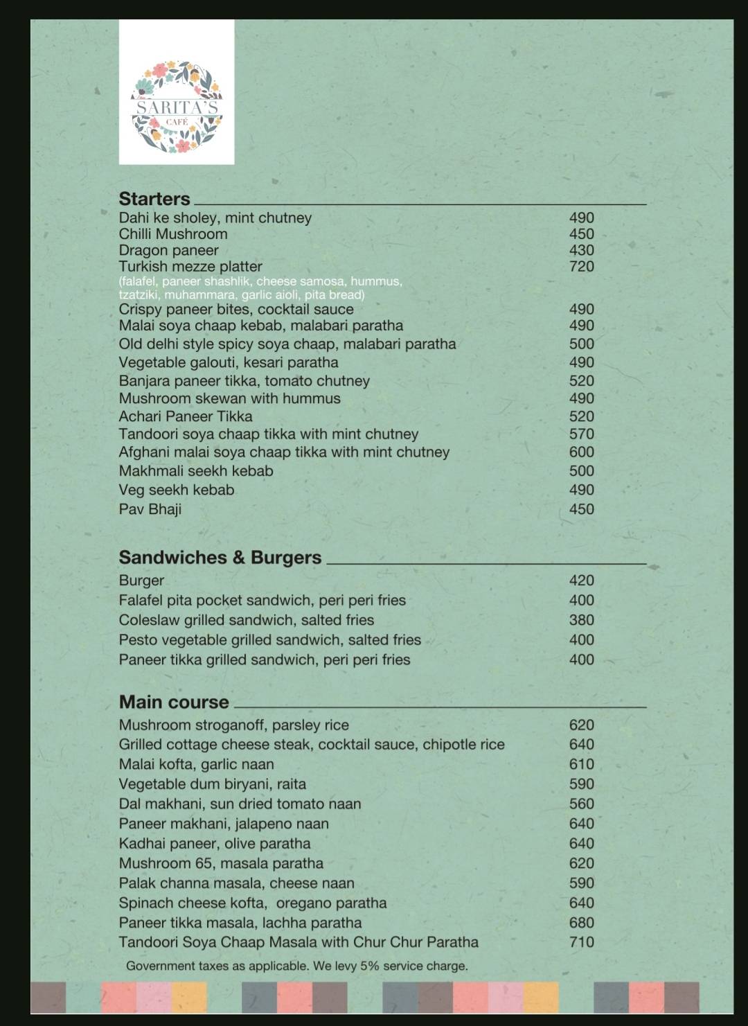 Sarita's Cafe menu