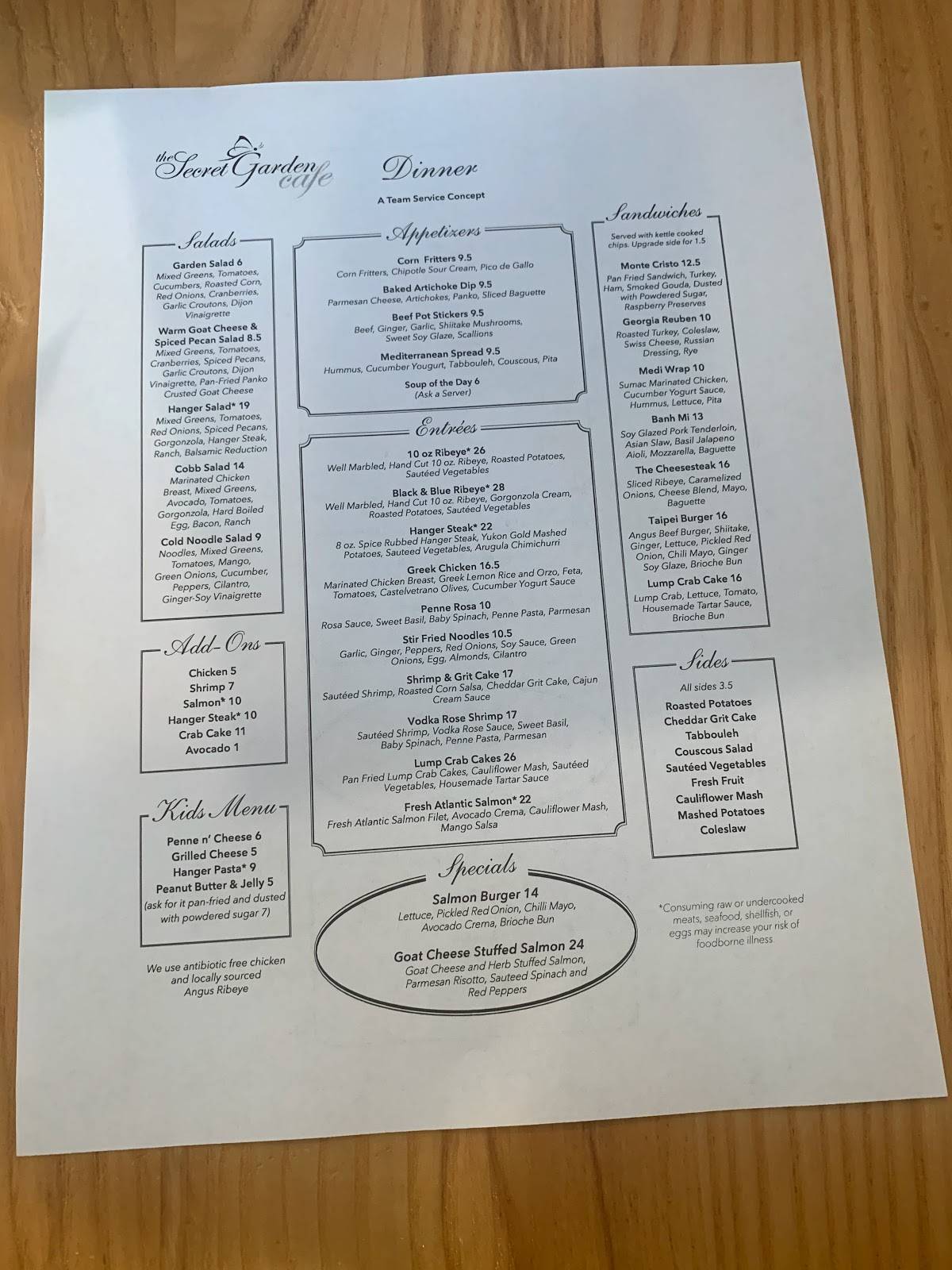 Menu at The Secret Garden Cafe, Occoquan