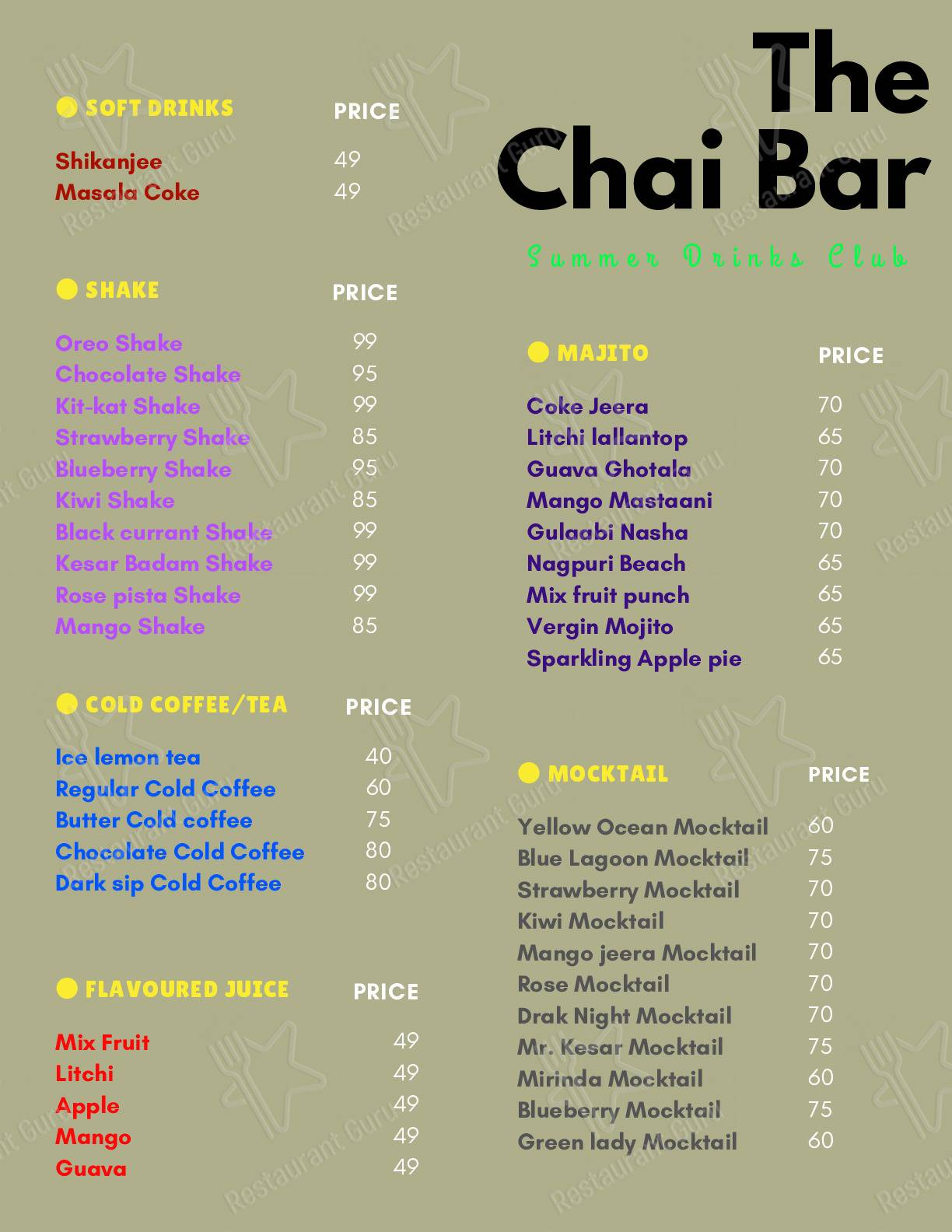 Menu for the The chai bar cafe