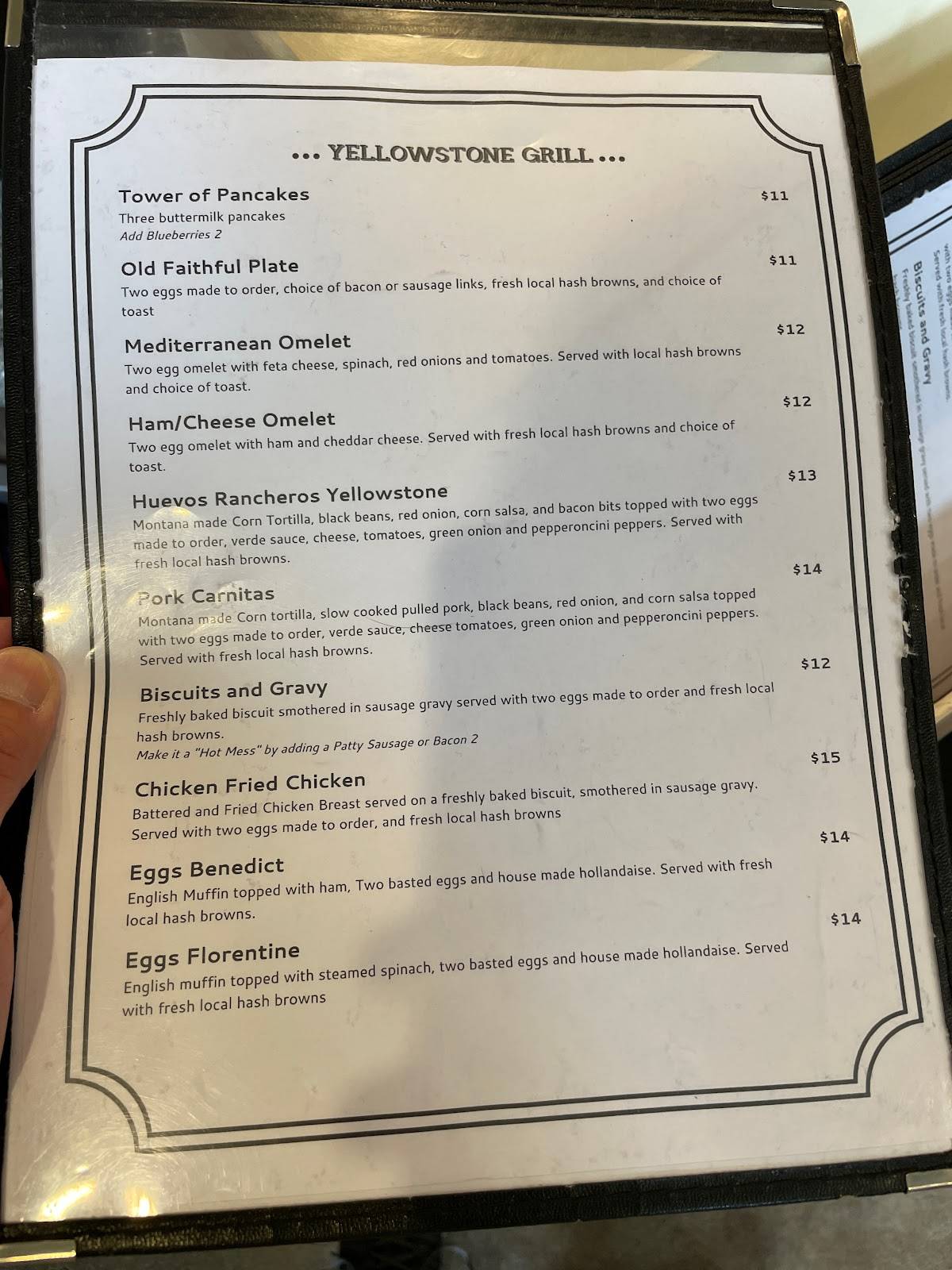 Menu at Yellowstone Grill cafe, Gardiner