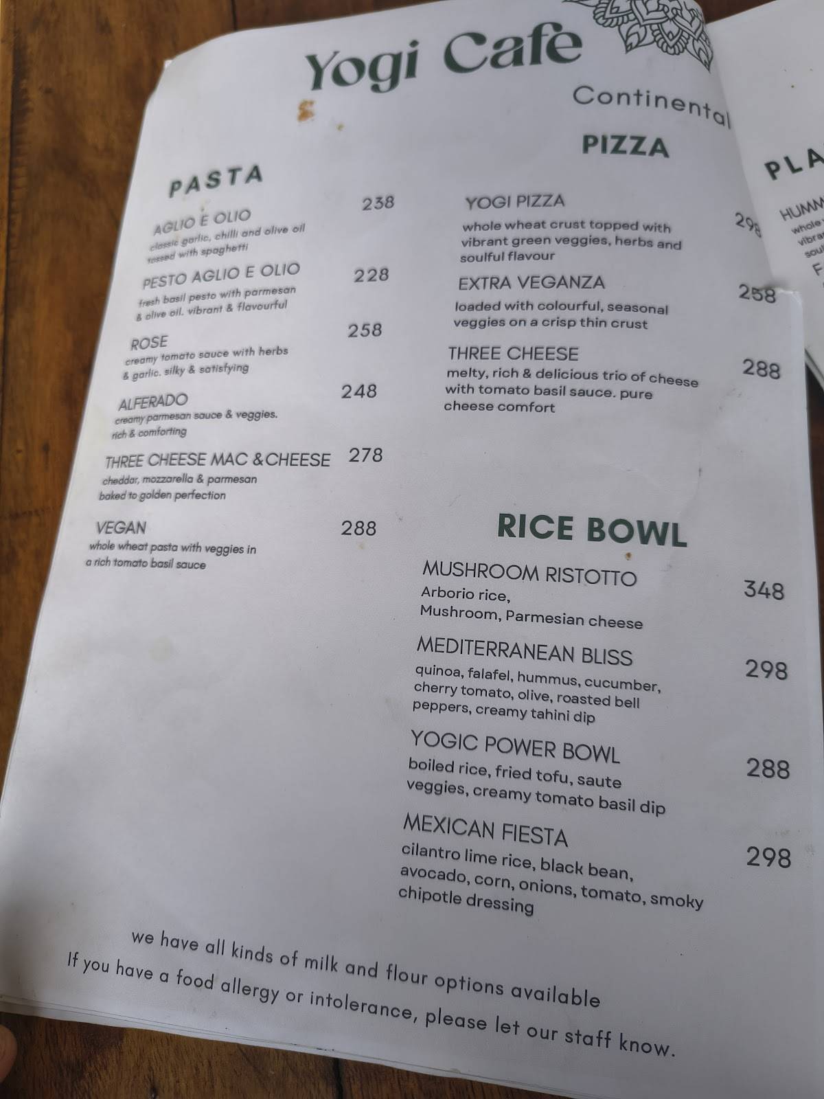 Yogi Garden & Cafe rishikesh menu