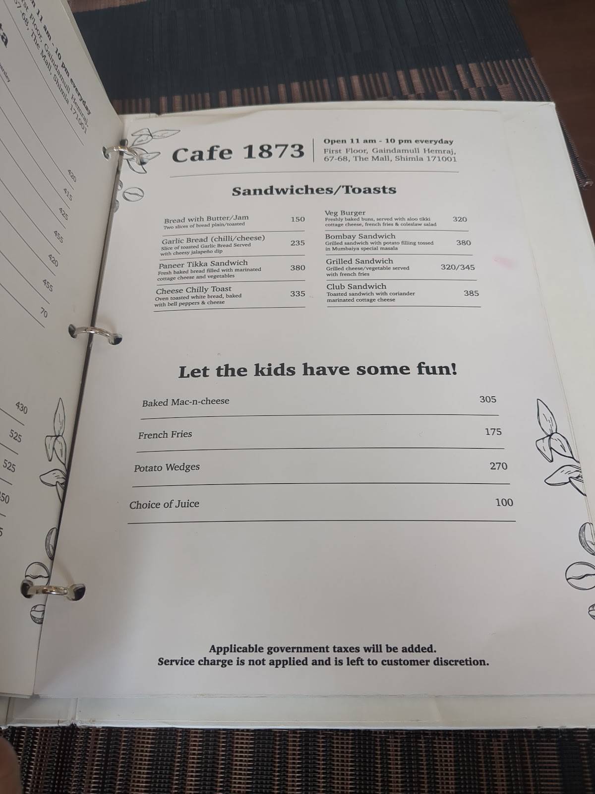 cafe1873 menu