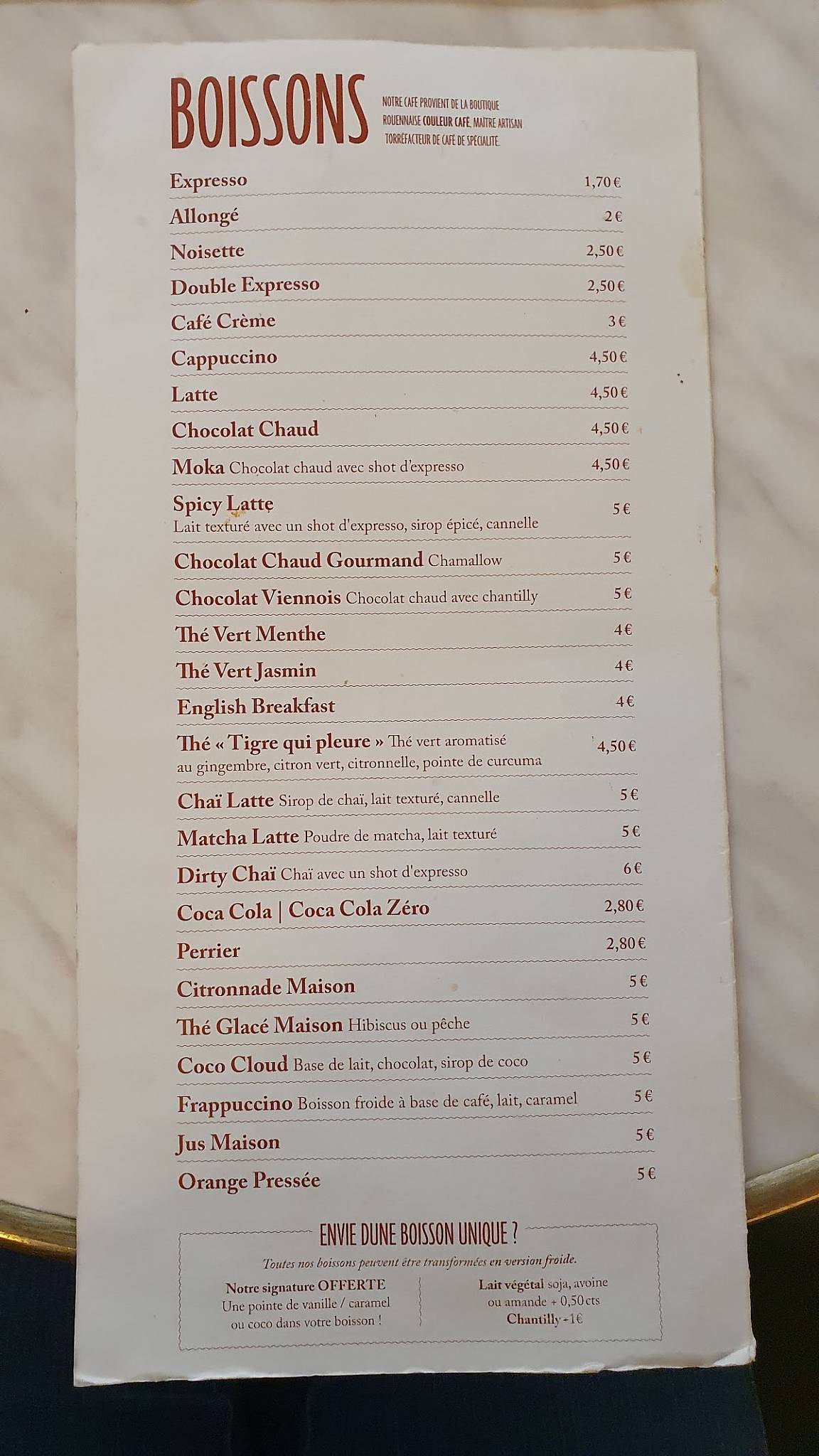Menu de Café Crème Rouen