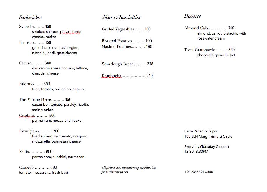 Caffé Palladio Jaipur menu