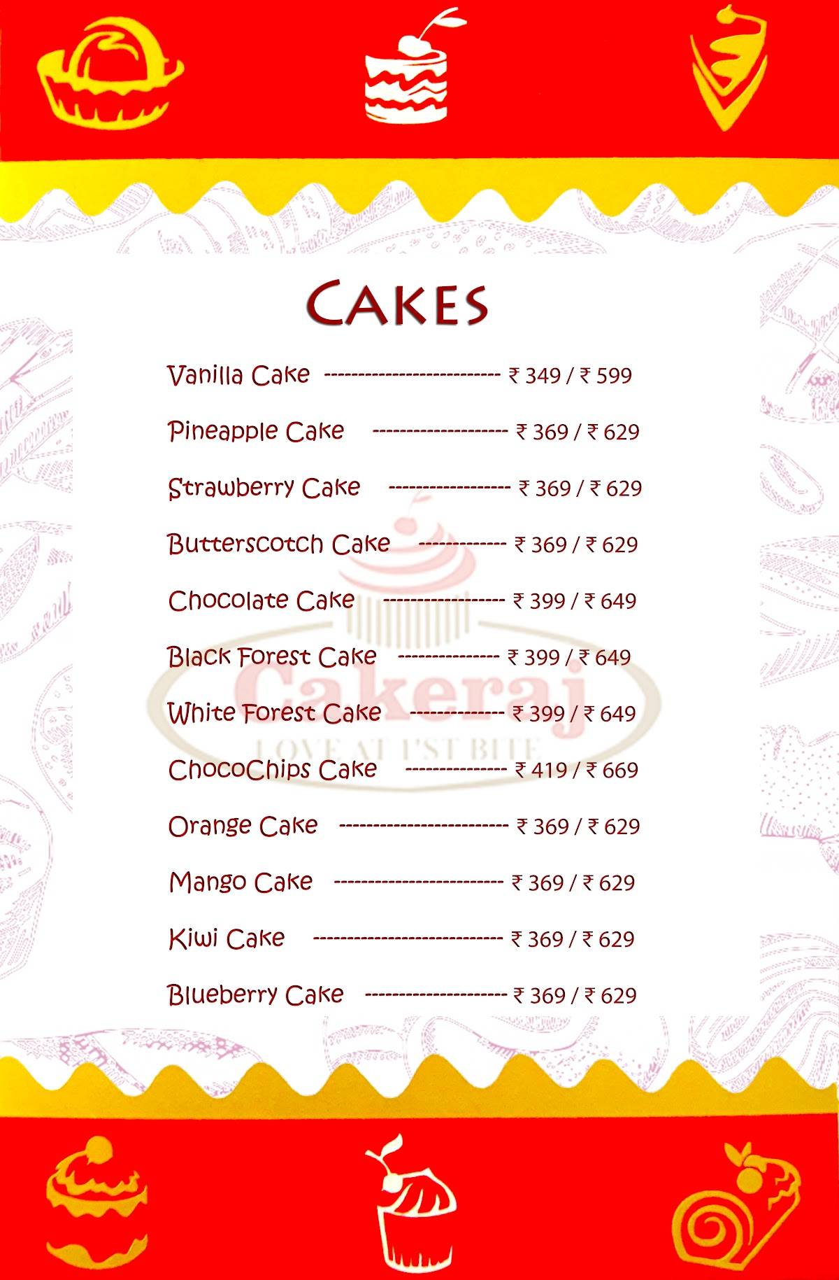 Cake Raj Bakery menu