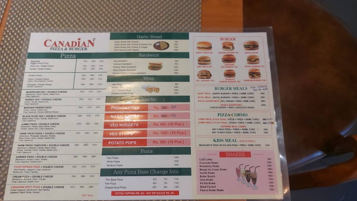 Canadian Pizza and Burger menu