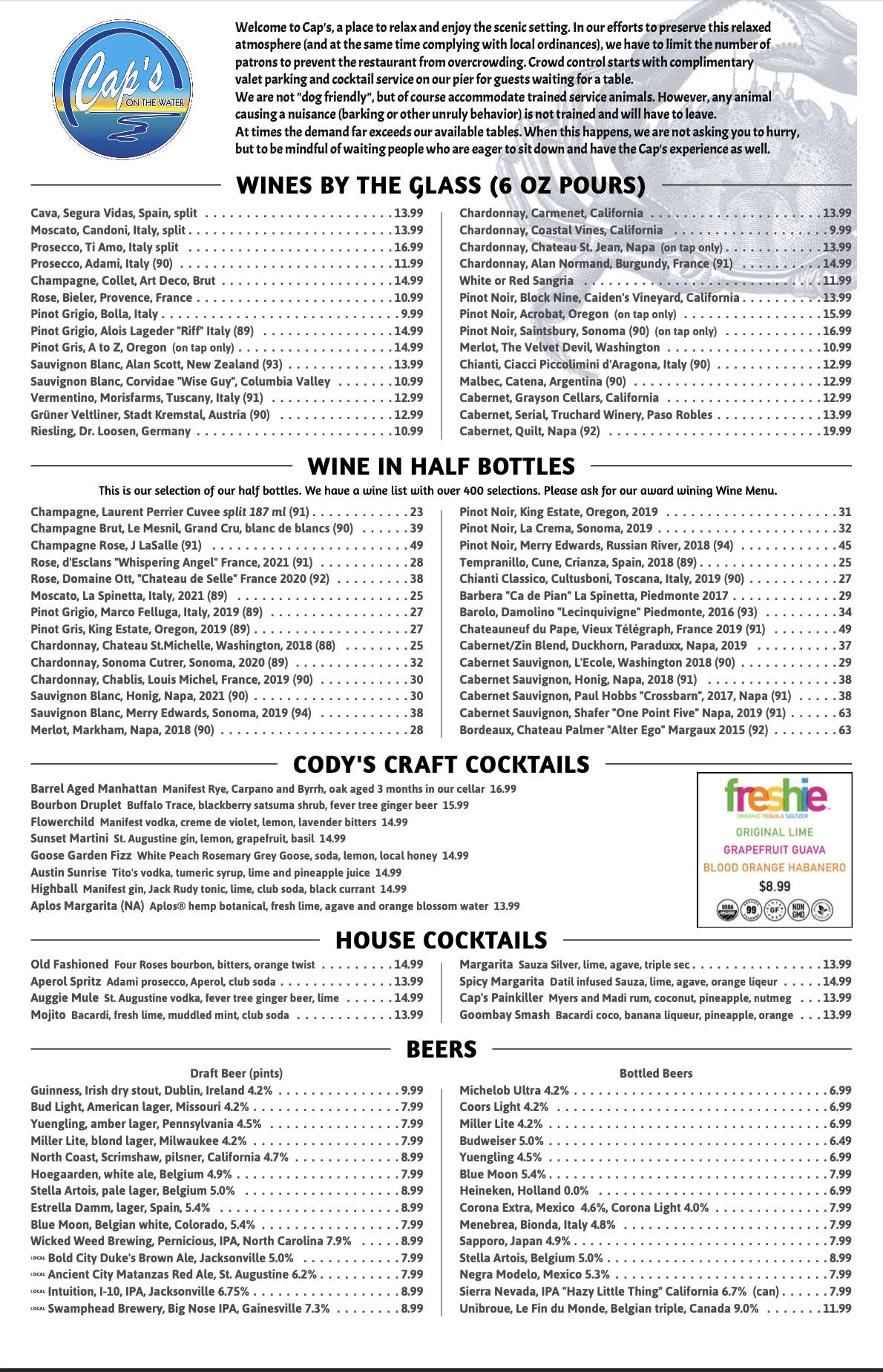 Menu at Cap's On the Water restaurant, Vilano Beach, Myrtle St