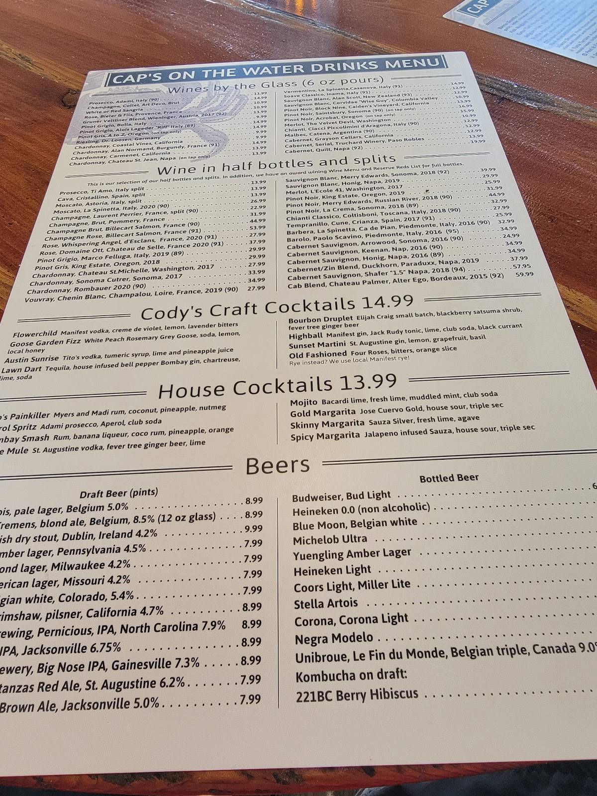 Menu at Cap's On the Water restaurant, Vilano Beach, Myrtle St