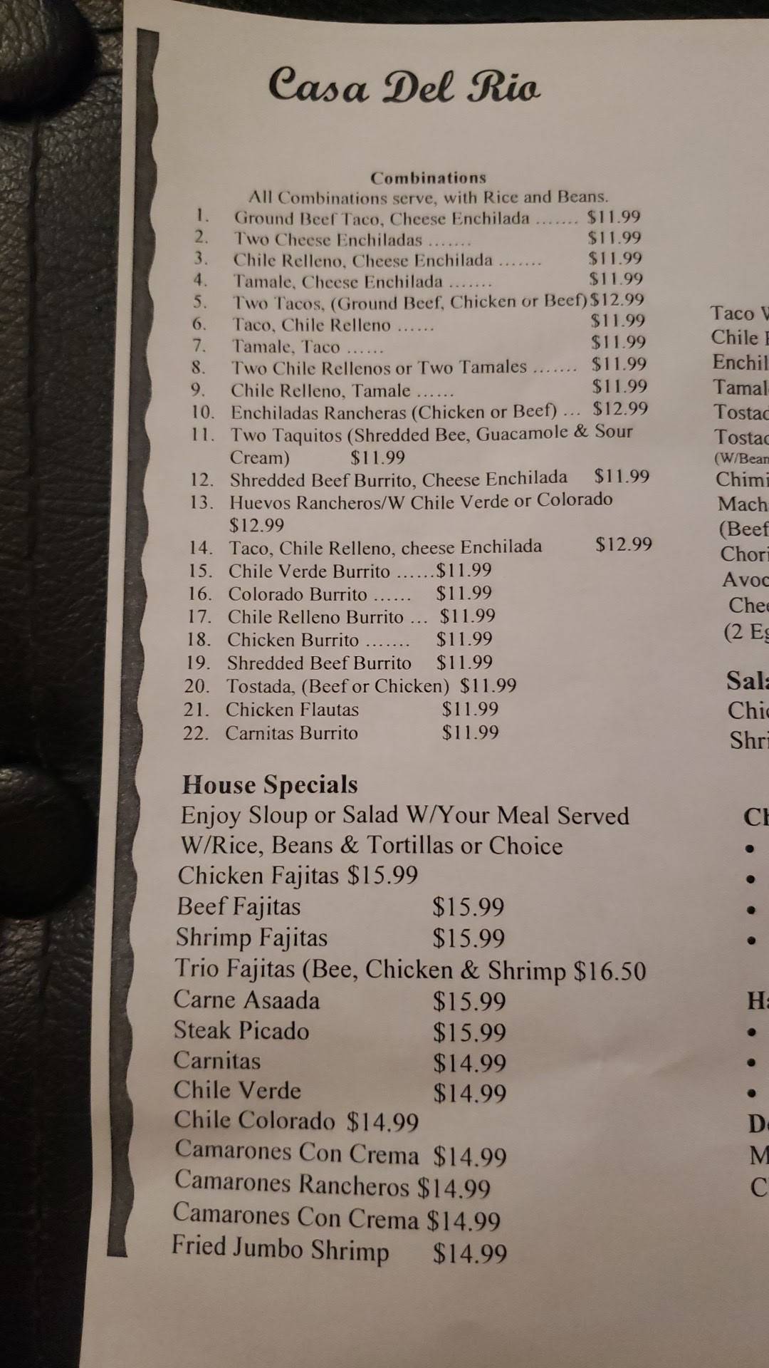 Menu at Casa Del Rio restaurant, Ventura