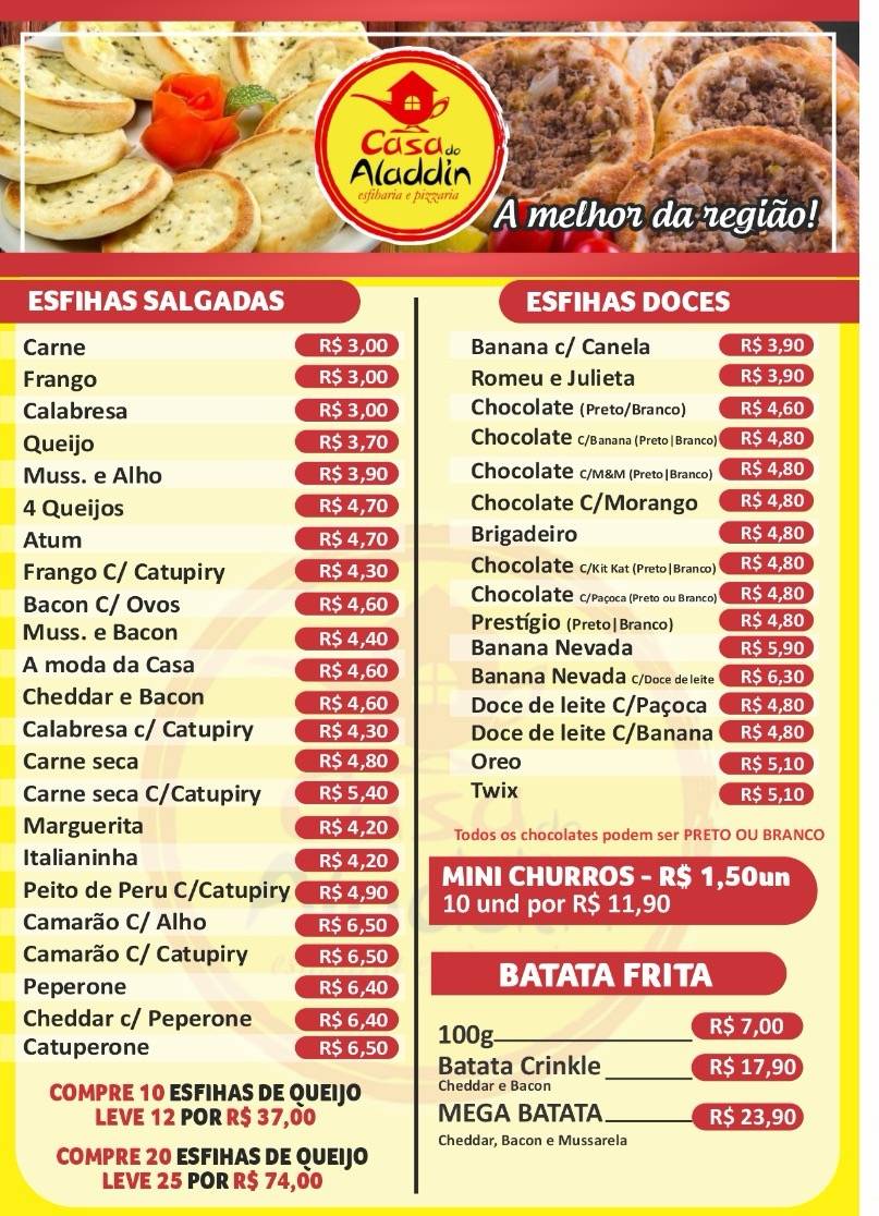 Casa do Aladdin Esfiharia e Pizzaria cardápio