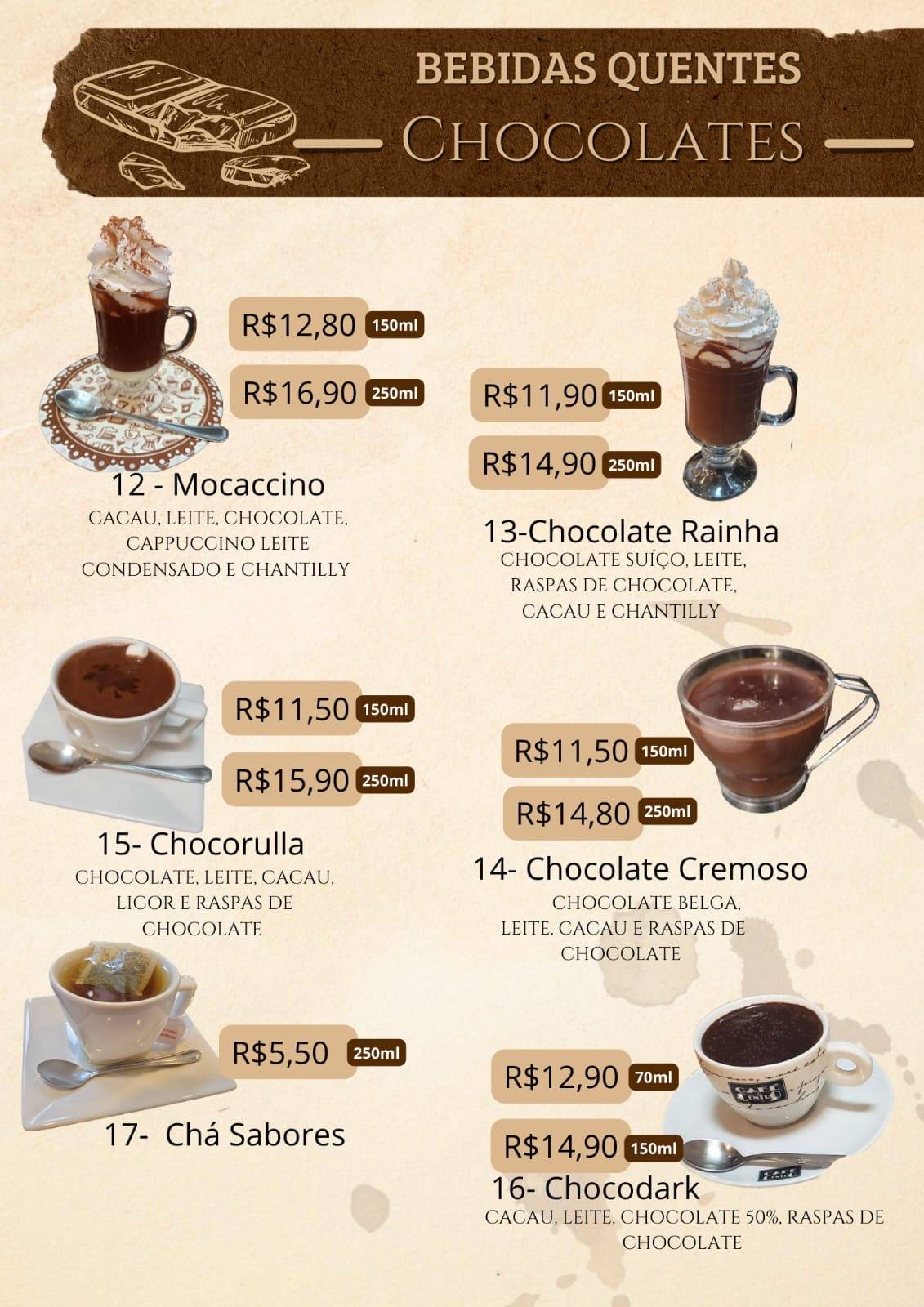 Casa do Chocolate e Cafeteria cardápio
