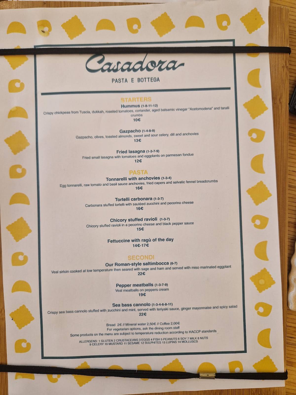 Menu di Casadora Pasta e Bottega 