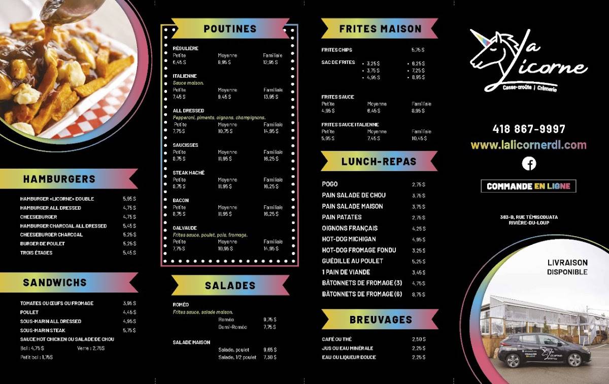 Menu au CasseCroûte La Licorne restaurant, RivièreduLoup
