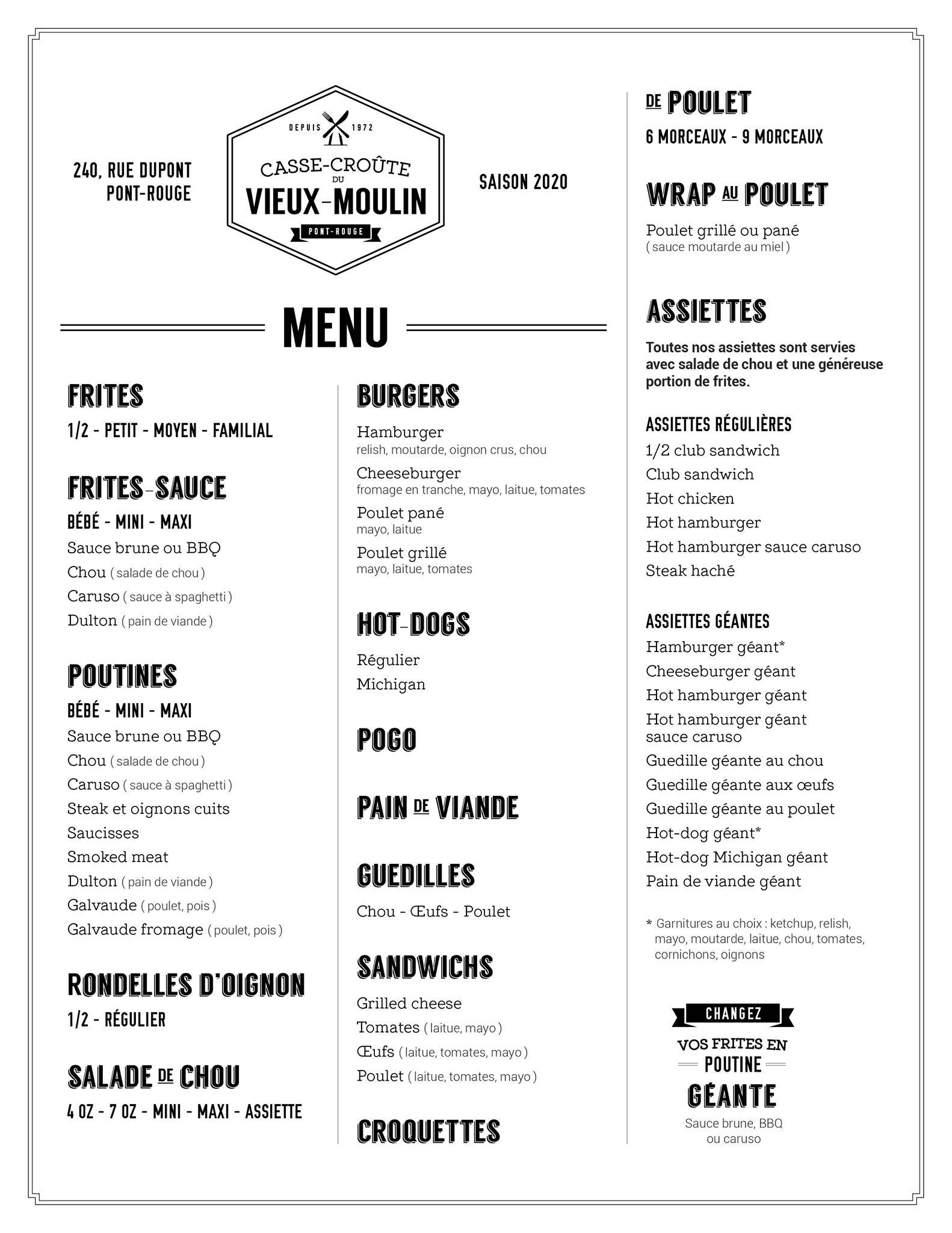 Menu au Cassecroûte du VieuxMoulin pub et bar, PontRouge