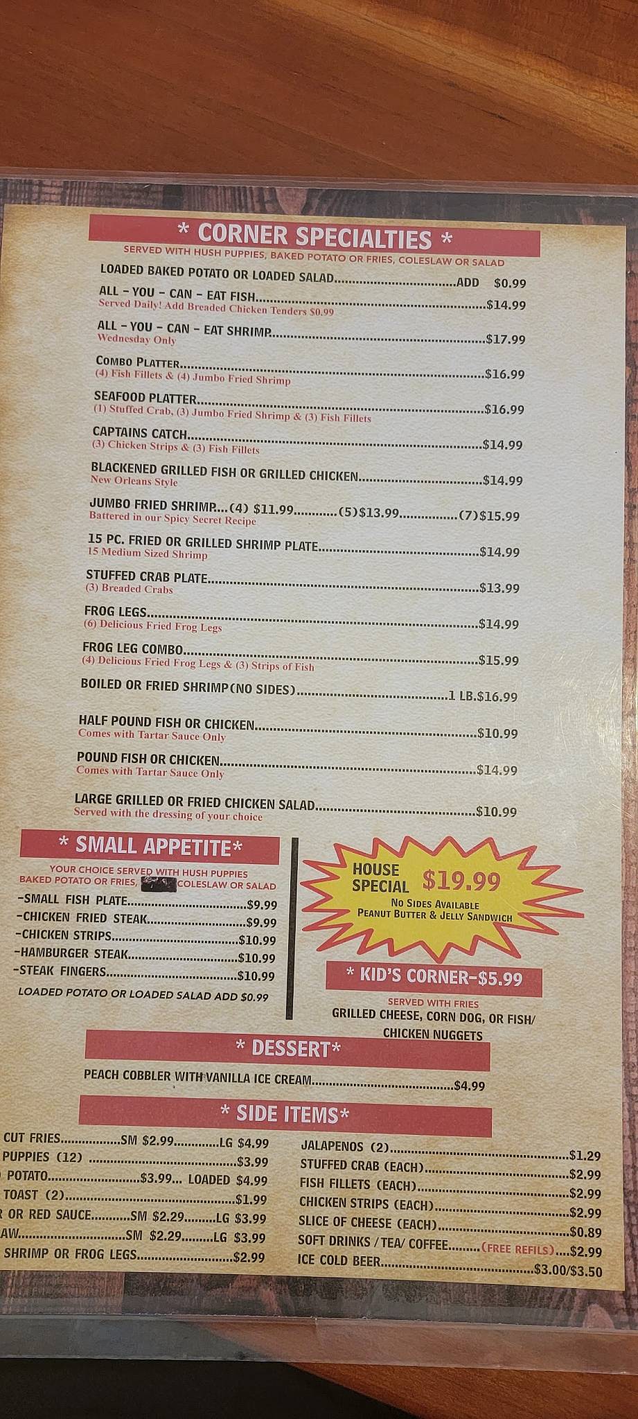 Menu at Catfish Corner restaurant, Abilene