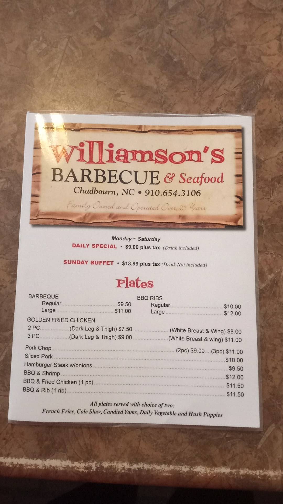 Menu at Williamson's Barbecue Restaurant, Chadbourn, N Brown St